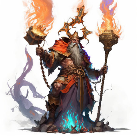 Fantasy illustration of a fire mage with a torch on fire.の素材