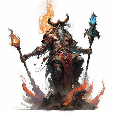 Fantasy illustration of a fire mage with a torch on fire.の素材