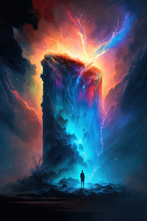 Person standing in front of a pillar of colored light, created with generative aiの素材