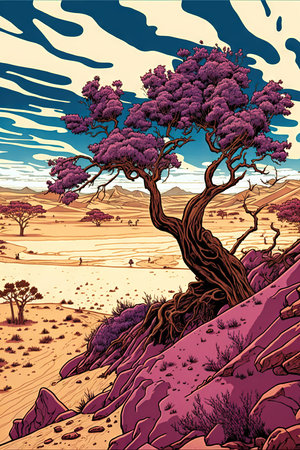 Illustration of a desert landscape with a tree and sand dunesの素材