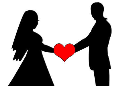 Black shape of loving couple with red hearts. Man and woman holding by the hands.の写真素材