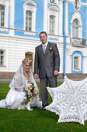 Newlywed young couple in sunny dayの写真素材