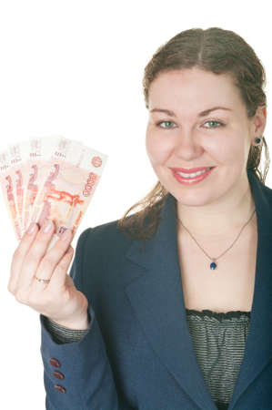 Portrait of young woman with cash in hand. Isolated on white backgroundの写真素材