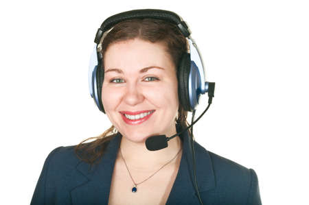 Smiling operator young woman in a call center. Isolated on white backgroundの写真素材