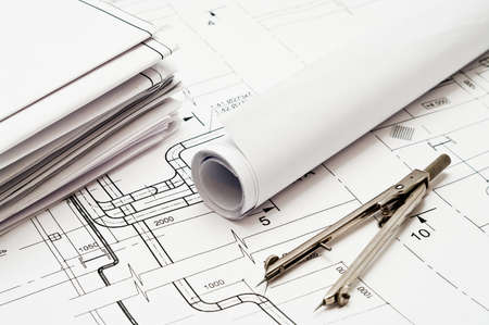 Design and working blueprints with compassesの写真素材