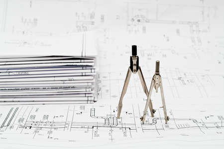 Design and working blueprints with compassesの写真素材