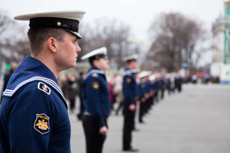 Saint-Petersburg, Russia - May 5: Cordon from sailors on parade rehearsal before celebration of 66th Anniversary of Victory Day on Palace Squareのeditorial素材