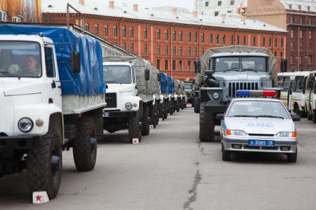 Saint-Petersburg, Russia - May 5 - Military vehicle for soldiers during rehearsal for the upcoming celebration of 66th Anniversary of Victory Day (WWII) near St. Isaacのeditorial素材