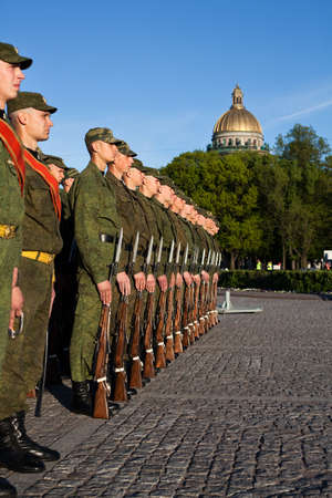 Saint-Petersburg, Russia - May 26 - Soldiers in the line near the monument to Peter the Great. City Day Celebration on Senate Squareのeditorial素材