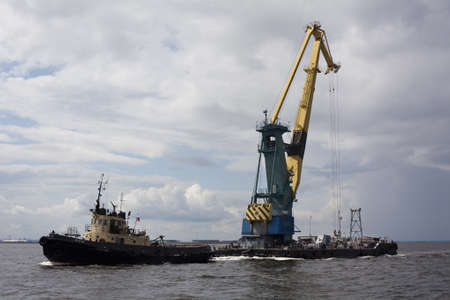 St. Petersburg, Russia  July 17: Transportation floating crane in the Finnish Gulf in Saint-Petersburg, Russiaのeditorial素材