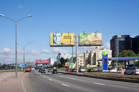 Saint-Petersburg, Russia-August 20, 2011: Banners advertising election campaign Michael Prokhorov, a Russian businessmanのeditorial素材