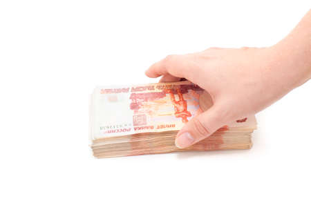 Russian cashnotes money in hand isolated on white background