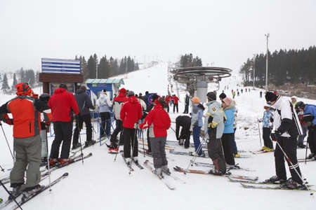 KUROVO VILLAGE, RUSSIA - JANUARY 12: Russian ski resorts Sorochany in winter season with resting people in Moscow Region, Dmitrovsky District on January 6, 2012 in Kurovo village, Russia.のeditorial素材