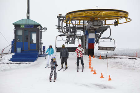 KUROVO VILLAGE, RUSSIA - JANUARY 12: Russian ski resorts Sorochany in winter season with resting people in Moscow Region, Dmitrovsky District on January 6, 2012 in Kurovo village, Russia.のeditorial素材