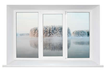 White plastic triple door window with trunquil view through glass  Isolated on white background ...