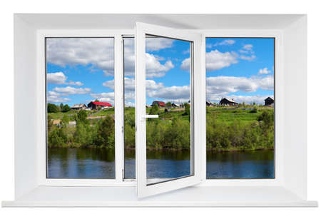 White plastic triple door window with trunquil view through glass  Isolated on white background  Opened doorの写真素材