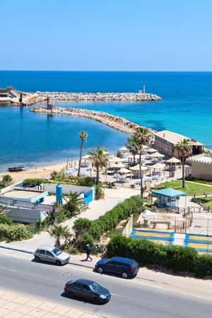 Sea bay, road and embankment in the city of Monastir, the Mediterranean Sea, Tunisia