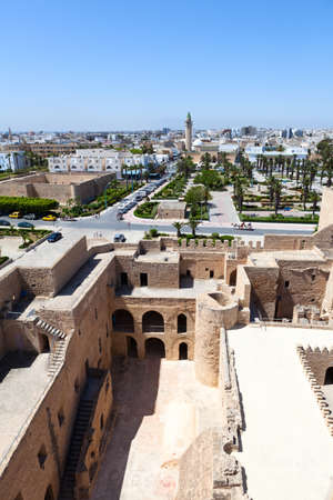 Aerial view of streets at Monastir city, Tunisia  Minaret of mosque and Ribat as a fortress  Wide angleのeditorial素材