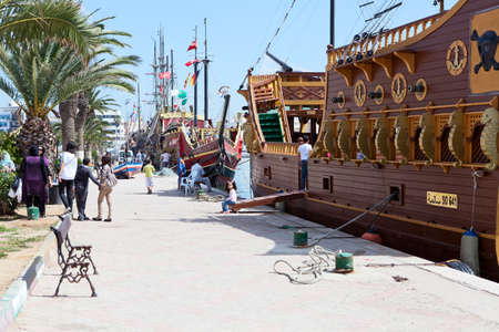 SOUSSE, TUNISIA - CIRCA MAY, 2012: City embankment with beautiful vessels. Excursion, style of old ship on circa May, 2012 in Sousse, Tunisia.のeditorial素材