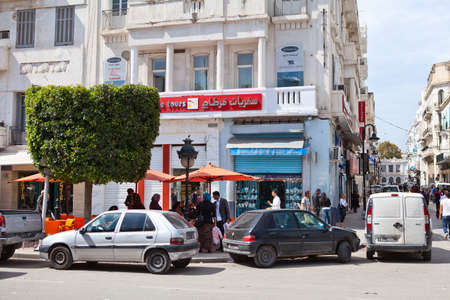 TUNIS, TUNISIA - CIRCA MAY, 2012: The angle of two streets in the city of Tunis capital, on circa May, 2012 in Tunis, Tunisia.のeditorial素材