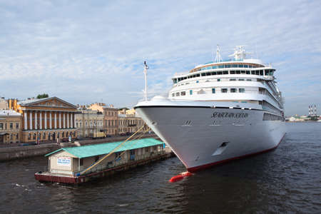 SAINT-PETERSBURG, RUSSIA - CIRCA AUGUST 2012: The Seabourn Sojourn ship on Saint-Petersburg English embankment floating on circa August, 2012 in Saint Petersburg, Russiaのeditorial素材