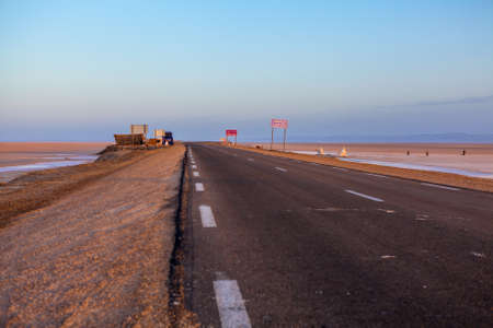 Empty road in sunset early morning in Tunisiaの写真素材