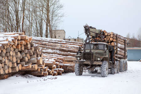 Log loader track with timber in lumber-mill in winter seasonの写真素材