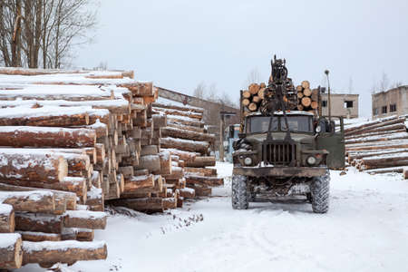 Log loader track with timber in lumber mill in winter seasonの写真素材