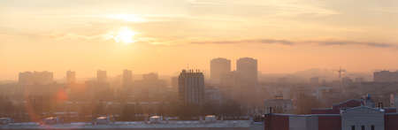 Panorama of early morning in Saint-Petersburg contemporary area  Sunlights over buildings roofsの写真素材