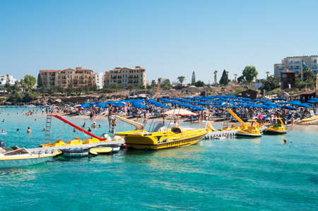 PROTARAS, CYPRUS - CIRCA SEPTEMBER, 2010: Recreation boats on sea pier, on circa September, 2010 in Protaras, Cyprus. Recreations for tourists in the Mediterraneanのeditorial素材