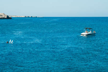 PROTARAS, CYPRUS - CIRCA SEPTEMBER, 2010: Water-ski start riding, on circa September, 2010 in Protaras, Cyprus. Recreations for tourists in the Mediterraneanのeditorial素材