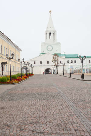 KAZAN CITY, RUSSIA - SEPTEMBER 25:  Inner yard with Spassky Tower on September 25, 2011 in Kazan city, Russia. Kazan Kremlin is Russian the chief historic citadel of Tatarstanのeditorial素材