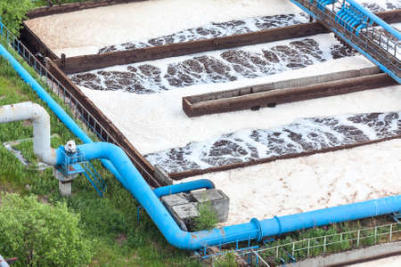 Blue pipelines with oxygen supply for water aeration in an industrial plant