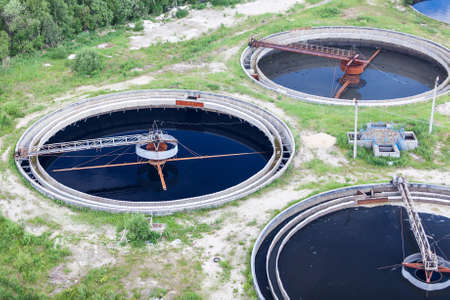 Group of wastewater filtering tanks in treatment plantの写真素材