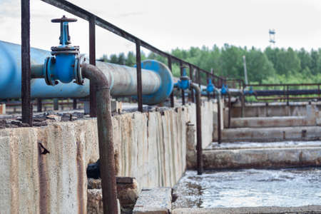 Blue pipelines for oxygen supplying into the sewage water in tanksの写真素材