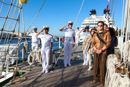 SAINT-PETERSBURG, RUSSIA - JULY 26, 2013  Sailors stand on deck of Mexican sailship  Cvavatemoc  on...