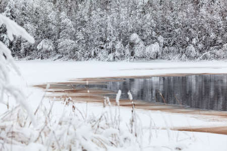 Melted water puddle on the lake at winter seasonの写真素材