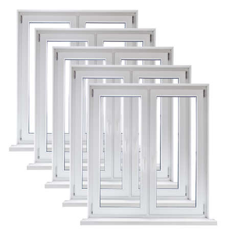 Lot of white plastic double door windows on white backgroundの写真素材