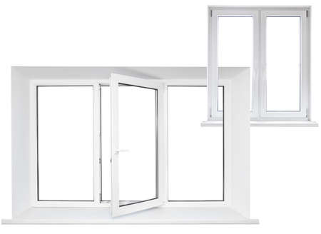 White plastic triple door window with double door in chainの写真素材