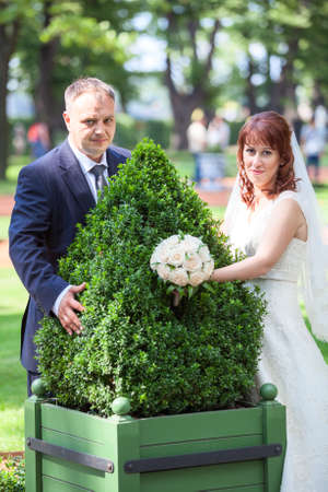 Young just married couple embracing green flowerbedの写真素材