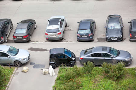 SAINT-PETERSBURG, RUSSIA - CIRCA AUGUST, 2014: Cars are parked on road and sidewalk of city. Parking problem in downtown of St. Petersburgのeditorial素材