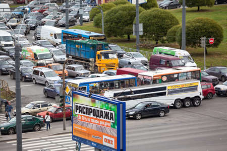 SAINT-PETERSBURG, RUSSIA - CIRCA AUGUST, 2014: Traffic jam is on city streets due road repair. Roads crossing at Constitution square, Moscow districtのeditorial素材