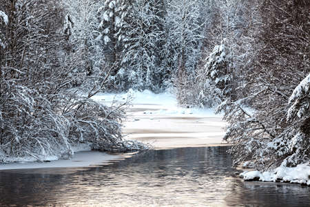 Open water surface between lake islands at winter seasonの写真素材