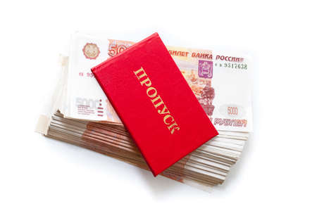 Red pass with russian cash money are on white backgroundの写真素材