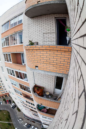 Balcony of an apartment house on a high floor, wide angle viewの写真素材