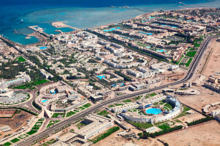 Aerial view at the Egyptian hotels area with houses and water pools, Hughada, Egyptの写真素材