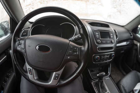 Steering wheel of vehicle, car interior, fisheye viewの写真素材