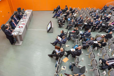 MOSCOW, RUSSIA - CIRCA NOV, 2015: Visitors sit on the technical seminar in the hall of the Metal-Expoâ2015, the 21st International Industrial Exhibition in the All-Russia Exhibition Centerのeditorial素材