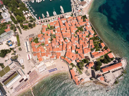 Castle of St Mary, fortification of old town of Budva city. Aerial shot from drone. Adriatic sea, Montenegro, Europeの写真素材