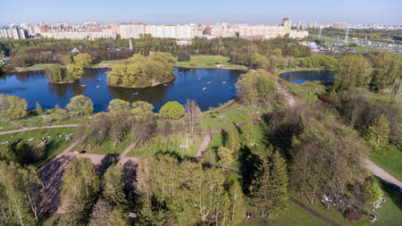 Ponds for riding on rowing boats in the South Primorsky park. Aerial shot. Peterhof Highway, St. Petersburg, Russiaの写真素材